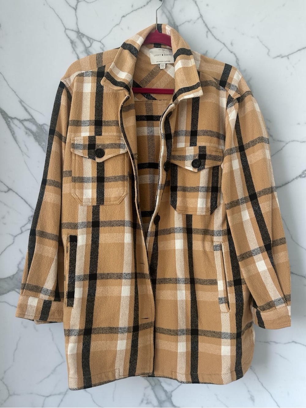 Lucky Brand Camel Plaid Utility Shacket with Black & Cream Trim